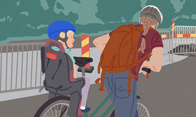 En tecknad illustration av en pappa som leder en cykel på cykelväg med ett barn i barncykelsadel.