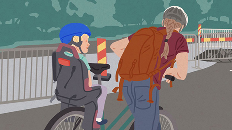 En tecknad illustration av en pappa som leder en cykel på cykelväg med ett barn i barncykelsadel.