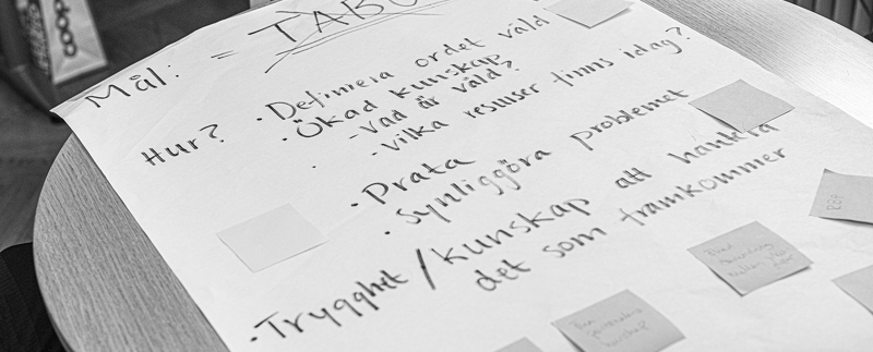 Bild på papper där texten lyder: Mål = Tabu (tabu har ett kryss över sig). Hur? Definiera ordet våld. Ökad kunskap: vad är våld? vilka resurser finns idag? Prata. Synliggör problemet. Trygghet/Kunskap att hantera det som framkommer.