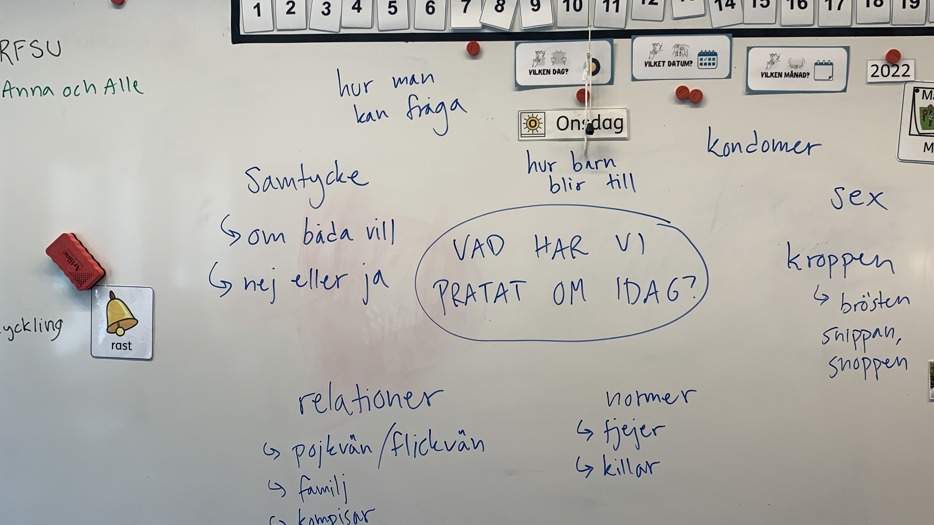En whiteboardtavla i ett klassrum med anteckningar från en genomgång om sex och samlevnad. Det står saker som "Vad har vi pratat om idag?" "Samtycke, normer, relationer, sex, kondomer, hur barn blir till"