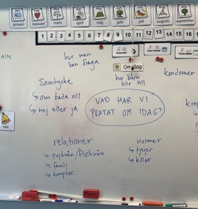 En whiteboardtavla i ett klassrum med anteckningar från en genomgång om sex och samlevnad. Det står saker som "Vad har vi pratat om idag?" "Samtycke, normer, relationer, sex, kondomer, hur barn blir till"